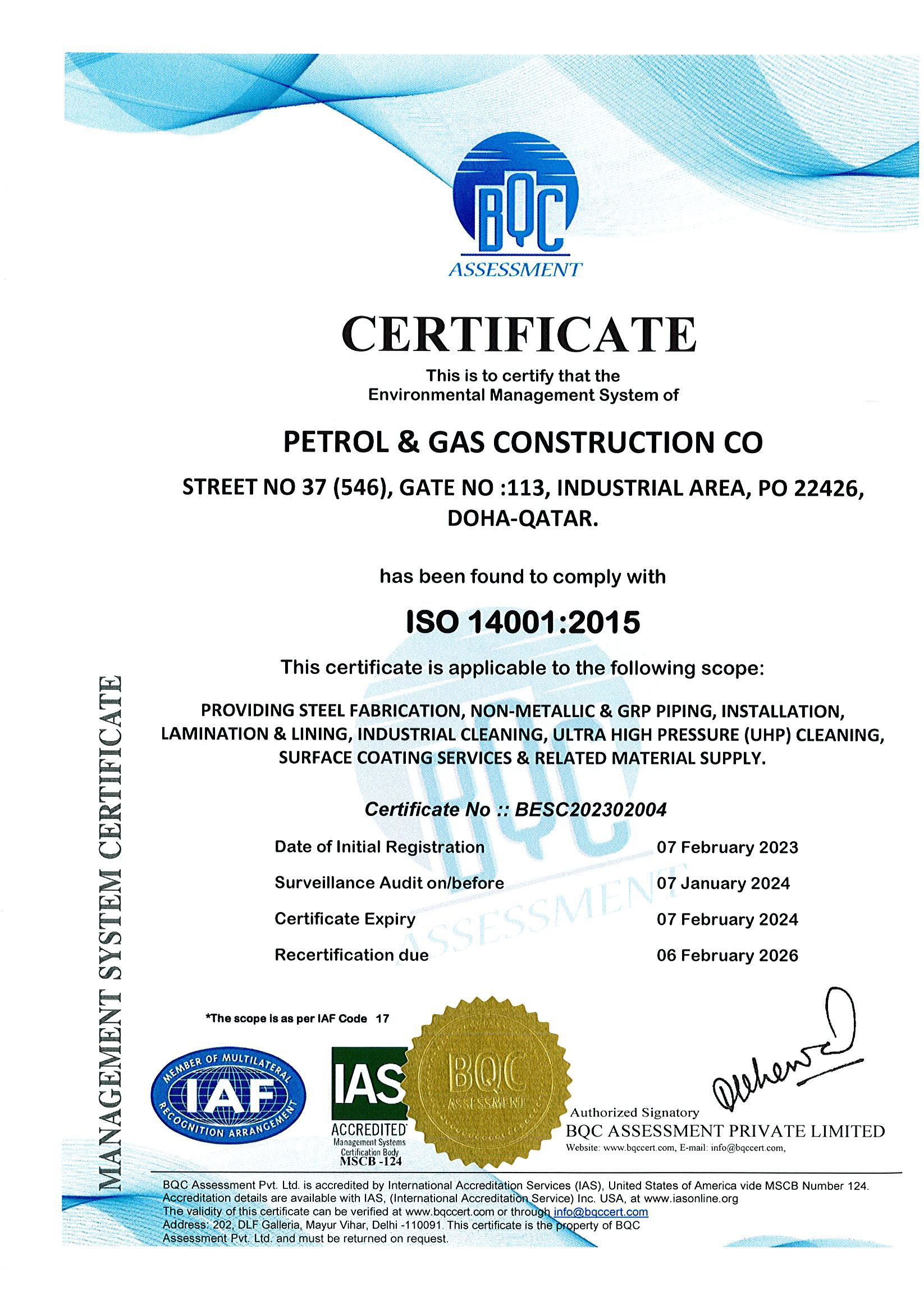 ISO 14001:2015 Certificate